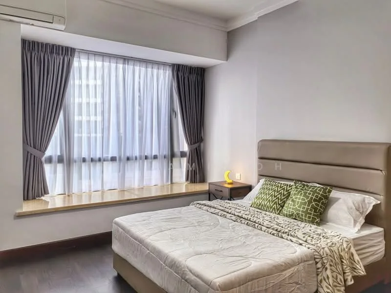 Bedroom features: queen-size bed, upholstered headboard, bedside table, table lamp, floor-to-ceiling windows, sheer curtains, dark wood flooring, decorative throw pillows, window sill, wall-mounted air conditioning unit; style: modern; view: city.