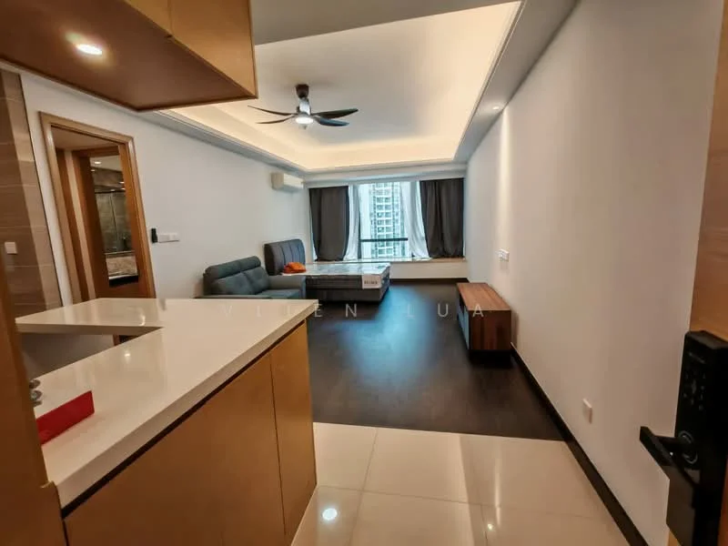 Living features: grey fabric sofa, wooden coffee table, floor-to-ceiling windows, curtains, recessed downlights, tray ceiling, dark wood flooring, wall-mounted TV, window seat with cushions; style: modern; view: city. Kitchen features: white cabinetry, countertop with integrated sink, stainless-steel faucet, ceramic tile flooring, open layout to living area; style: modern.