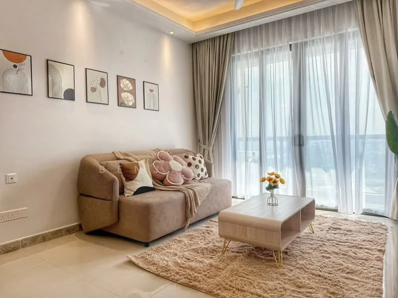 Living features: beige fabric sofa, decorative cushions, coffee table with light wood finish, area rug with soft texture, floor-to-ceiling windows, sheer curtains, recessed ceiling lights, wall-mounted artwork, potted plant, neutral wall colour, tile flooring; style: modern; view: city.