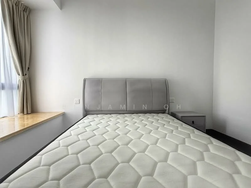 Bedroom features: queen-size bed with upholstered headboard, light grey walls, floor-to-ceiling window with sheer curtains, wooden window sill, nightstand with drawer, black flooring, decorative wall art, minimalist decor; style: modern.