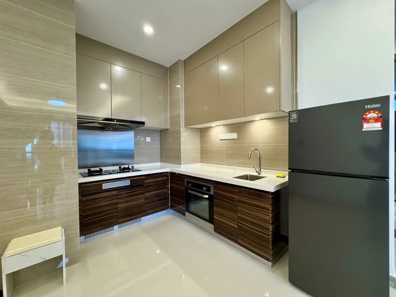 Kitchen features: brown wood cabinetry, high-gloss beige upper cabinets, white quartz countertop, stainless-steel sink, chrome pull-down faucet, built-in oven, 4-burner gas hob, stainless-steel range hood, black refrigerator, tile backsplash, polished ceramic tile flooring, recessed downlights; style: modern.
