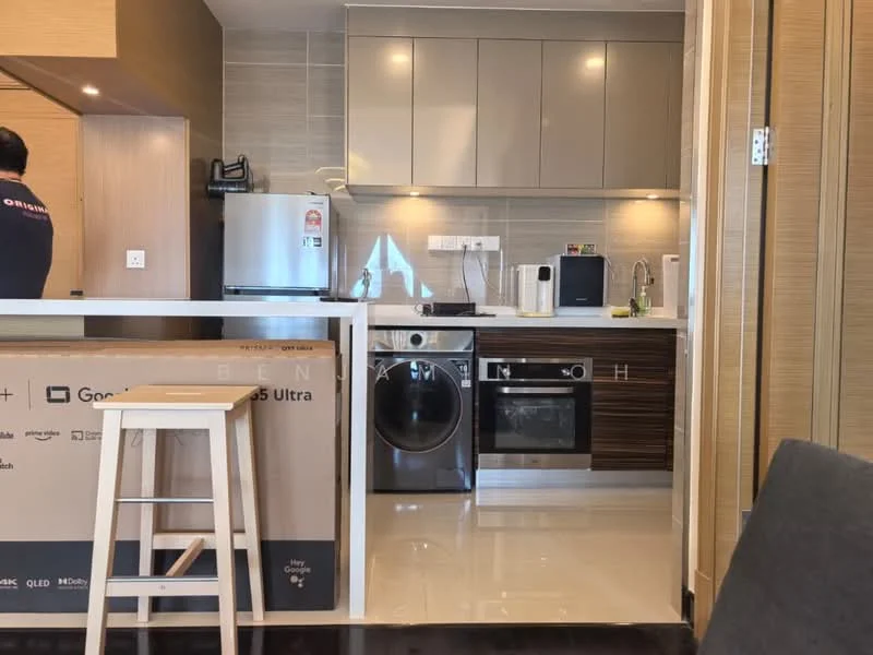 Kitchen features: grey upper cabinets, brown lower cabinets, white countertop, stainless-steel single-bowl sink, chrome pull-down faucet, built-in oven, freestanding washing machine, microwave, refrigerator, ceramic tile flooring, recessed downlights, wall-mounted electrical outlets; style: modern.
