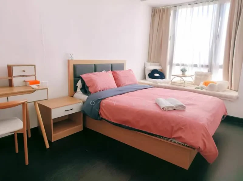 Bedroom features: king-size bed with pink bedding, upholstered headboard, wooden bedside table, white desk with wooden legs, white chair, floor-to-ceiling windows, sheer curtains, decorative cushions, wall-mounted shelf, area rug, towels on bed; style: modern; view: city.
