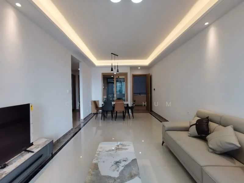Living features: cream painted walls, marble tile flooring, recessed downlights, 5-blade ceiling fan with light, sofa in light grey, coffee table with marble top, wall-mounted TV, dining table with chairs, open layout, large windows, decorative cushions; style: modern.