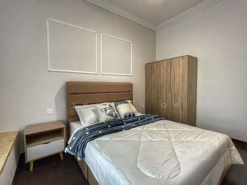 Bedroom features: queen-size bed with upholstered headboard, white bedding with decorative pillows, wooden wardrobe, nightstand with drawer, laminate flooring, white painted walls, crown moulding, decorative wall frames, window with natural light; style: modern.