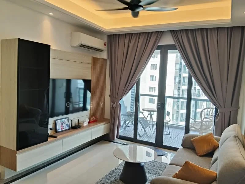 Living features: sofa in light grey fabric, orange decorative cushions, coffee table with black base, TV console with wooden cabinetry, wall-mounted flat-screen TV, floor-to-ceiling windows, sheer curtains, recessed ceiling lights, ceiling fan, laminate flooring, decorative wall paneling, access to balcony; style: modern; view: city. Room features: balcony with outdoor seating, glass railing.