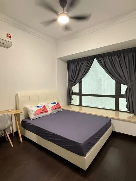 Bedroom features: king-size bed with upholstered headboard, grey bedding, floor-to-ceiling window, dark wood flooring, ceiling fan with light, curtains in dark grey, small bedside table, wall-mounted air conditioning unit; style: modern.