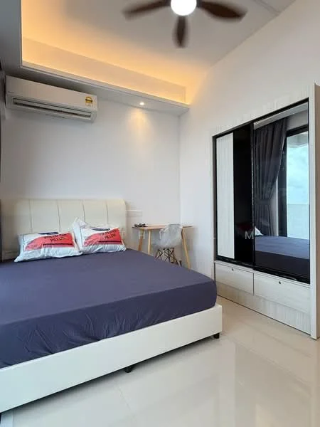 Bedroom features: king-size bed with upholstered headboard, grey bedding, 2 decorative pillows, white bedside table, built-in wardrobe with sliding doors, floor-to-ceiling window, white painted walls, recessed ceiling lighting, 1 wall-mounted split AC, polished tile flooring, ceiling fan with light; style: modern; view: city.