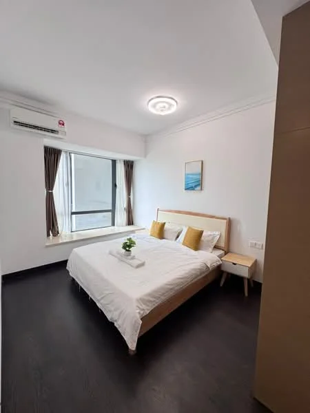 Bedroom features: queen-size bed with white bedding, wooden bed frame, nightstand with drawer, decorative plant on nightstand, floor-to-ceiling window, sheer curtains, air conditioning unit on wall, dark wood flooring, recessed ceiling light, white painted walls; style: modern.