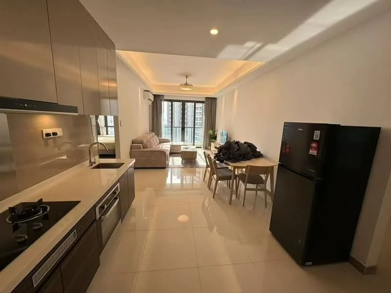 Kitchen features: stainless-steel sink, chrome pull-down faucet, black cabinetry, white countertop, built-in oven, 4-burner gas hob, exhaust hood, ceramic tile flooring, recessed downlights; style: modern. Living features: 3-seater fabric sofa in beige, coffee table, dining table with 4 chairs, floor-to-ceiling windows, curtains, air conditioning unit, light-colored walls, polished tile flooring; style: modern; view: city.