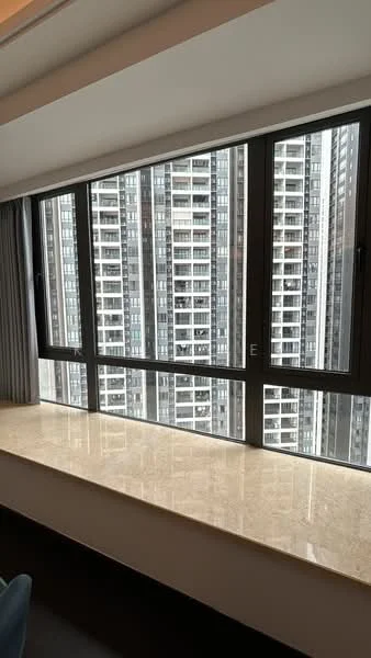 Room features: floor-to-ceiling windows, grey window frames, marble window sill, sheer curtains, city skyline view; style: modern; view: city.