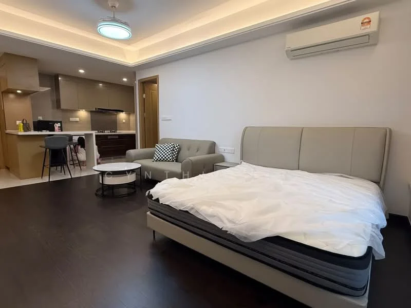 Living features: queen-size bed, upholstered headboard, white bedding, wooden flooring, recessed ceiling lights, wall-mounted air conditioning unit, sofa with geometric pattern, coffee table, open kitchen area with bar stools, kitchen cabinetry, kitchen countertop; style: modern.