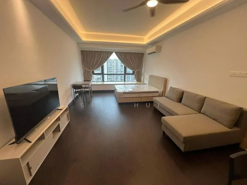 Living features: grey fabric L-shape sectional sofa, wall-mounted TV, TV console with storage, floor-to-ceiling windows, curtains, wooden flooring, recessed ceiling lights, air conditioning unit, queen-size bed with mattress, decorative wall panel; style: modern; view: city.