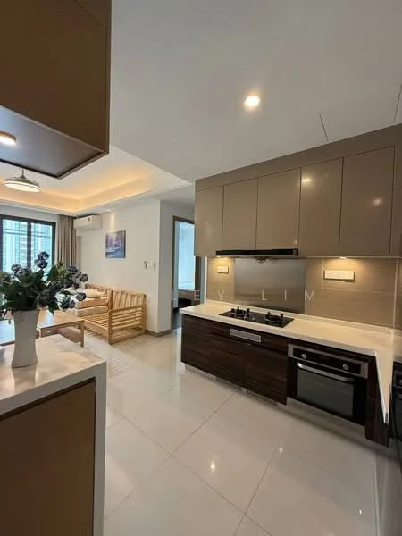 Kitchen features: brown and beige cabinetry, white quartz countertop, stainless-steel sink, chrome pull-down faucet, built-in gas hob, built-in oven, recessed downlights, white tiled backsplash, marble tile flooring, open layout to living area, floor-to-ceiling windows, air conditioning unit; style: modern; view: city. Living features: wooden sofa, coffee table, decorative vase with flowers, area rug, floor-to-ceiling windows, air conditioning unit; style: modern; view: city.