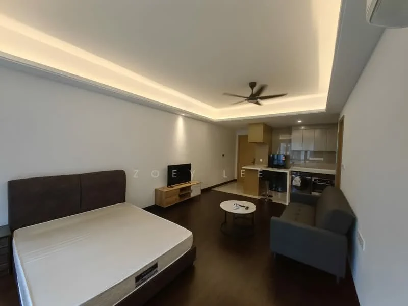 Room features: queen-size bed, upholstered headboard, wall-mounted TV, wooden TV console, sofa, coffee table, kitchenette with cabinets, stainless-steel sink, built-in microwave, refrigerator, ceiling fan with light, recessed lighting, dark wood flooring, white painted walls; style: modern.