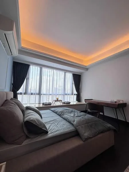 Bedroom features: king-size bed, upholstered headboard, grey bedding, bedside tables, desk with chair, floor-to-ceiling windows, sheer curtains, blackout curtains, recessed lighting, tray ceiling with ambient lighting, dark wood flooring, decorative wall art; style: modern; view: city.