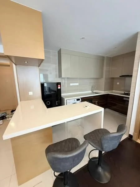 Kitchen features: white quartz countertop, light grey cabinetry, dark wood lower cabinets, built-in microwave, stainless-steel fridge, 4-burner gas hob, exhaust hood, single-bowl stainless-steel sink, chrome pull-down faucet, bar seating with two stools, tile backsplash, recessed downlights, cream tiled flooring; style: modern.