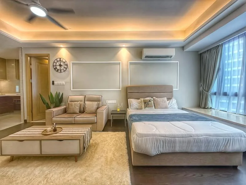 Bedroom features: king-size bed with white bedding, upholstered headboard, 2-seater fabric sofa in beige, coffee table with decorative tray, area rug with neutral color, wall-mounted clock, recessed ceiling lights, ceiling fan, floor-to-ceiling windows with sheer curtains, wooden flooring, air conditioning unit; style: modern; view: city.