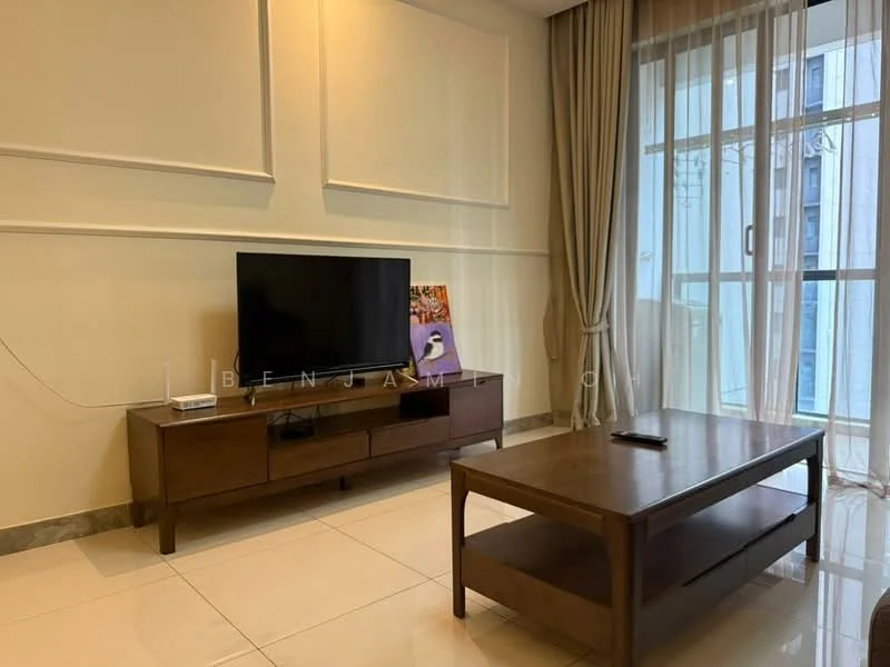 Living features: white painted walls, cream curtains, floor-to-ceiling windows, light-colored tiled flooring, wooden coffee table, wooden TV console, wall-mounted TV, decorative artwork, recessed lighting; style: modern; view: city.