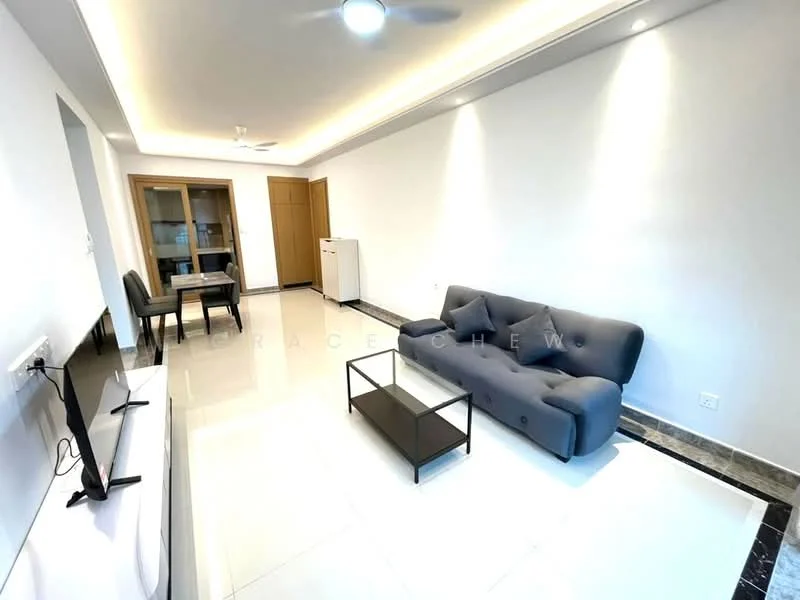 Living features: grey fabric sofa, black coffee table, wall-mounted TV, white painted walls, recessed ceiling lights, marble tile flooring, ceiling fan, glass dining table with black chairs, built-in cabinetry, open layout; style: modern.