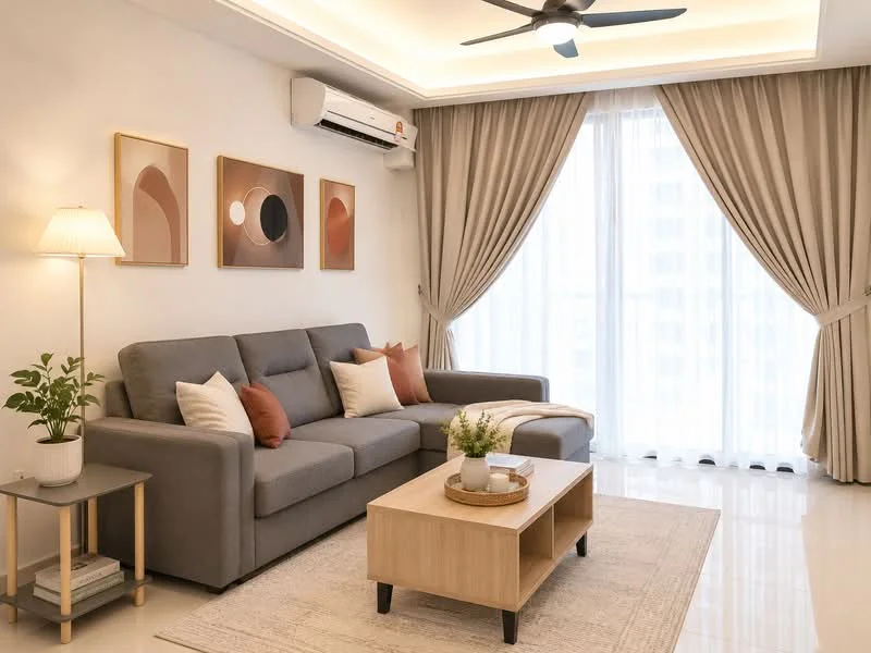 Living features: 3-seater fabric sofa in grey, decorative cushions in white and rust, wooden coffee table, area rug with neutral color, floor lamp with white shade, wall-mounted split AC, floor-to-ceiling windows with sheer curtains, curtains in light beige, recessed ceiling lights, ceiling fan with light, framed artwork on walls; style: modern.