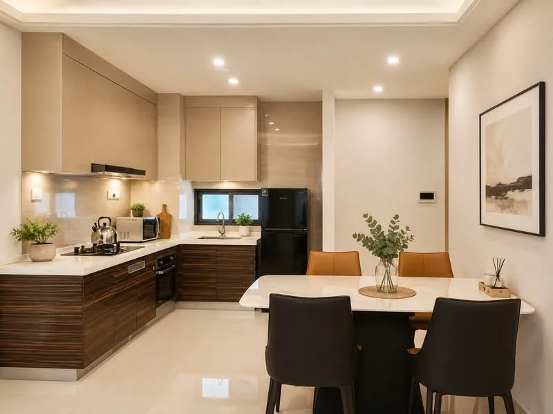 Kitchen features: marble countertop, stainless-steel sink, chrome pull-down faucet, built-in oven, freestanding range oven, stainless-steel range hood, dark wood cabinetry, light beige upper cabinets, refrigerator, recessed downlights, dining table with four chairs, decorative vase with greenery, wall-mounted artwork; style: modern.