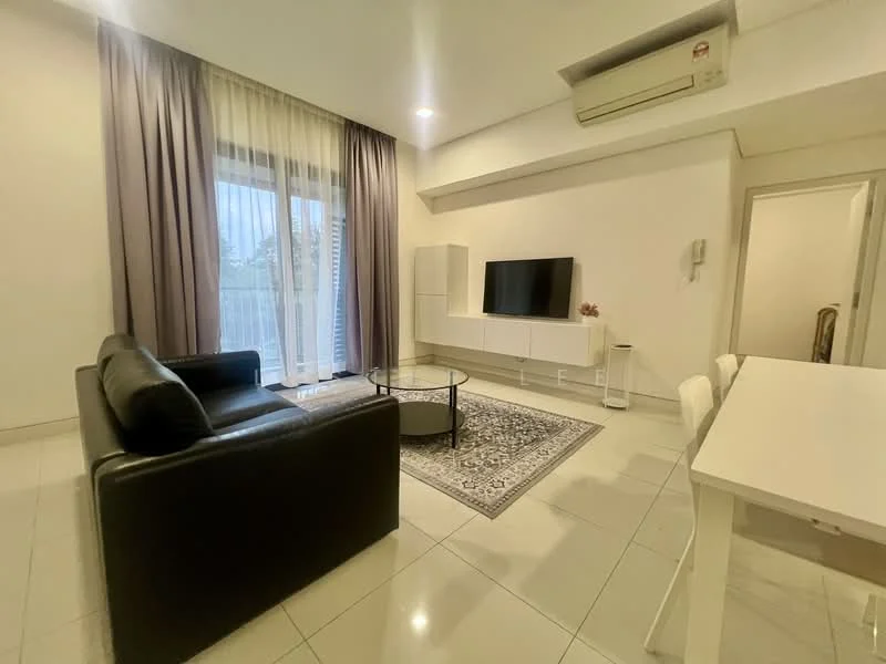 Living features: black leather sofa, round coffee table, TV console, wall-mounted TV, white cabinetry, floor-to-ceiling windows, sheer curtains, recessed downlights, air conditioning unit, grey area rug, white dining table, white dining chairs, glossy tile flooring, neutral painted walls; style: modern.