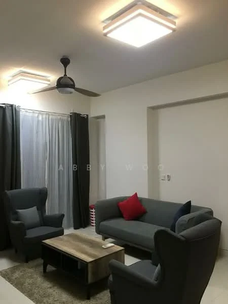Living features: 3-seater fabric sofa in grey, 2 armchairs in dark grey, wooden coffee table, 5-blade ceiling fan, recessed ceiling lights, floor-to-ceiling curtains in grey, light-coloured walls, tile flooring, decorative red cushion on sofa; style: modern.