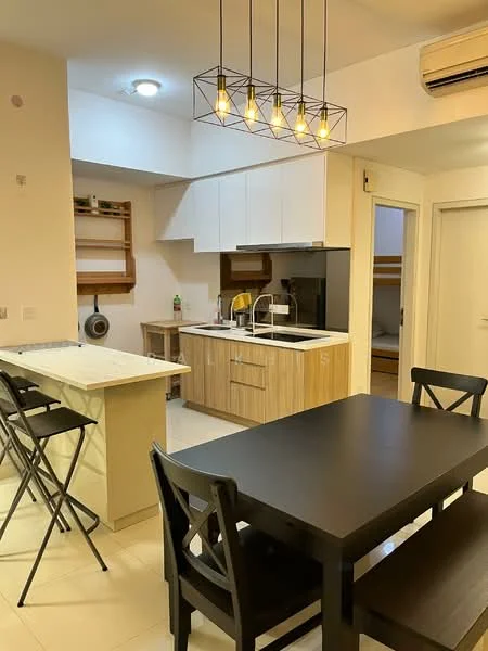 Kitchen features: island with seating, wood cabinetry, white upper cabinets, black countertop, stainless-steel sink, chrome pull-down faucet, black backsplash, recessed ceiling lights, hanging pendant lights, tile flooring, built-in appliances, open shelving, air conditioning unit; style: modern. Dining features: black dining table, wooden dining chairs; style: modern.