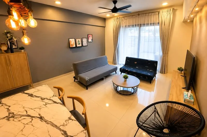 Living features: grey accent wall, white painted walls, marble dining table, 2-seater fabric sofa in grey, 3-seater fabric sofa with blue pattern, round coffee table with metal base, floor-to-ceiling windows with sheer curtains, ceiling fan with light, LED wall lighting, decorative wall art, wooden sideboard, tile flooring; style: modern.
