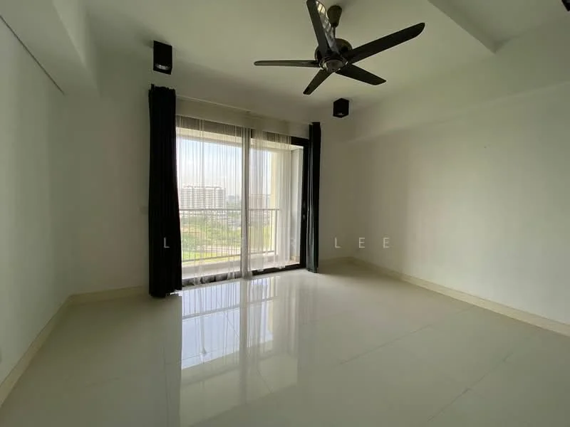 Living features: white painted walls, glossy ceramic tile flooring, 5-blade ceiling fan with light, floor-to-ceiling windows, sheer curtains, blackout curtains, balcony access, natural light from windows; style: modern; view: city.