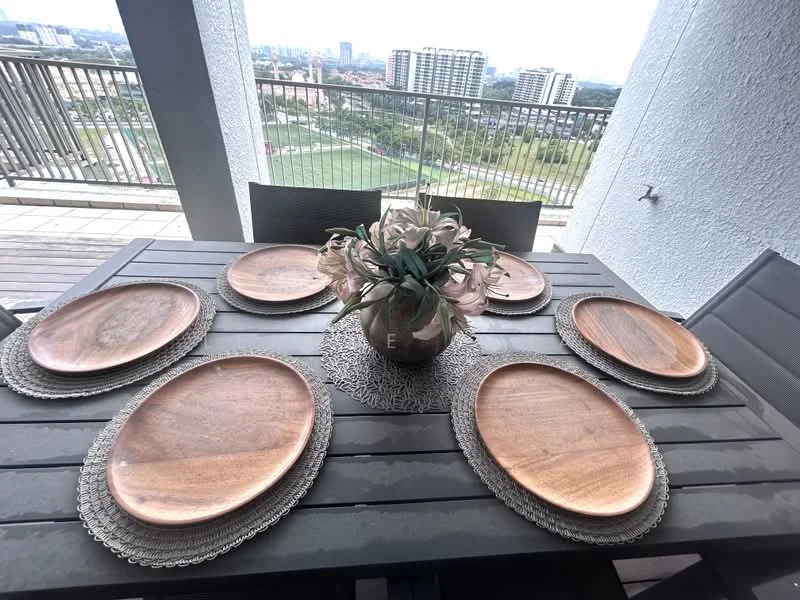 Dining features: outdoor dining table, 6 wooden plates, decorative vase with flowers, woven placemats, metal dining chairs, glass railing, city view, wooden flooring; style: modern; view: city.