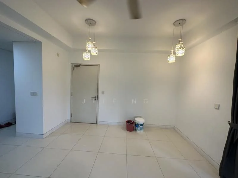 Room features: white painted walls, tile flooring, ceiling fan, 5 pendant lights, door to exterior, window with curtain, bucket, paint can; style: modern.