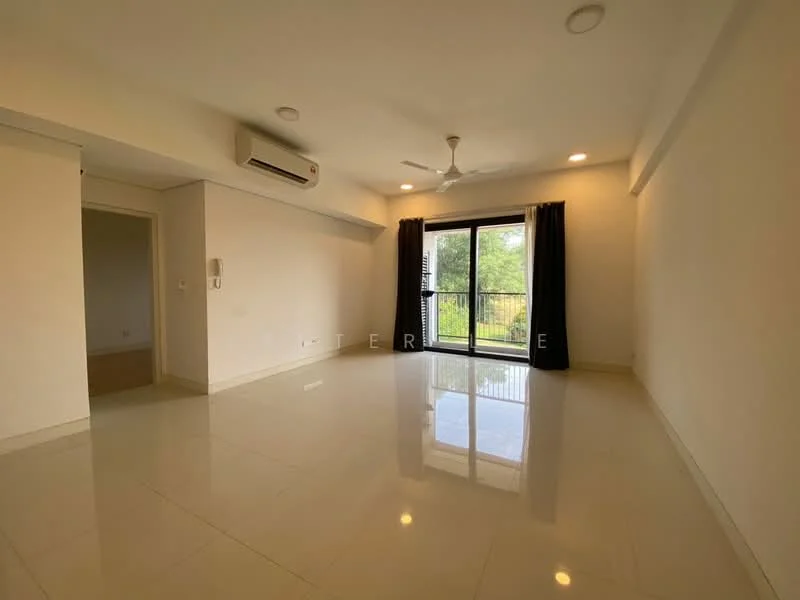 Living features: white painted walls, polished ceramic tile flooring, 5-blade ceiling fan with light, wall-mounted split AC, floor-to-ceiling sliding glass door, blackout curtains, natural light from window, recessed downlights; style: modern; view: garden.
