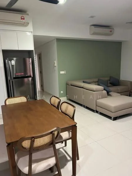Living features: light grey sectional sofa, beige ottoman, wooden dining table, 4 cane-back dining chairs, white tiled flooring, green accent wall, 2 wall-mounted split AC units, refrigerator, decorative cushions; style: modern.