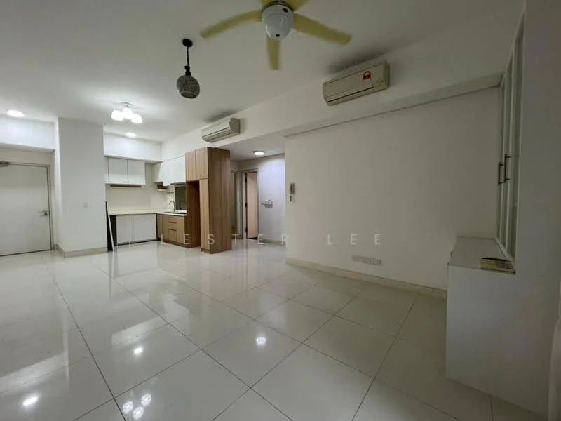 Living features: white painted walls, glossy ceramic tile flooring, ceiling fan, recessed downlights, air conditioning unit, open layout, natural light from windows, neutral color scheme; style: modern. Kitchen features: wood cabinetry, countertop with backsplash, stainless-steel sink, built-in appliances, open to living area; style: modern.