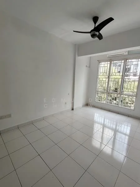 Room features: white painted walls, white ceiling, ceiling fan, 1 wall-mounted split AC, white floor tiles, large windows, natural light, balcony view; style: modern; view: garden.