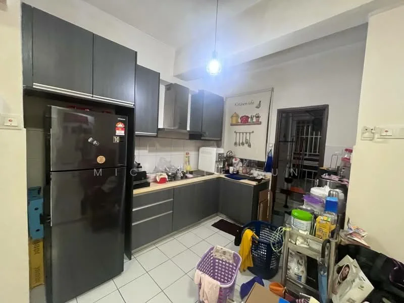 Kitchen features: grey cabinetry, stainless-steel fridge, ceramic tile flooring, white countertop, sink, wall-mounted cabinets, open shelving, kitchen appliances, single-bowl sink, light fixture, decorative wall art, laundry basket, plastic storage containers; style: modern.