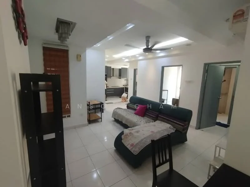 Living features: white painted walls, glossy tile flooring, 5-blade ceiling fan with light, sofa in teal, decorative throw pillows, coffee table, TV console, wall-mounted TV, window with wooden blinds, area rug, dining chair, open layout to kitchen, doorway to other rooms; style: modern.