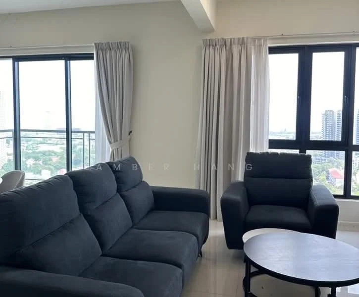 Living features: 3-seater fabric sofa in dark grey, armchair in dark grey, round coffee table, floor-to-ceiling windows, sheer curtains, city view, light-colored walls, glossy tile flooring; style: modern; view: city.