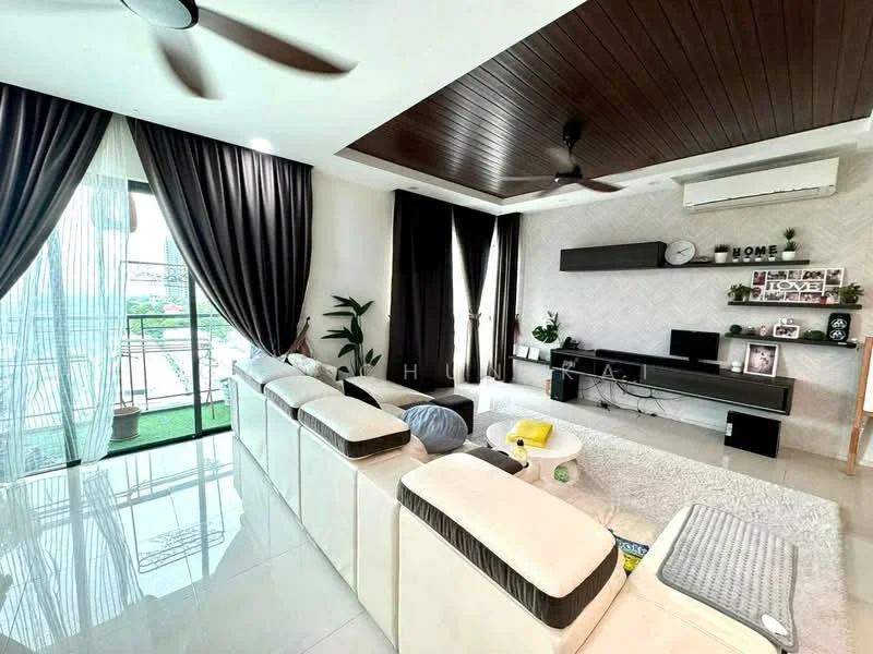 Living features: 5-blade ceiling fan with light, recessed downlights, dark wood ceiling, white walls, grey accent wall with geometric pattern, large floor-to-ceiling windows, sheer curtains, sliding glass door, light-coloured sectional sofa, coffee table, TV console, wall-mounted TV, decorative wall clock, indoor plants, area rug; style: modern; view: garden.