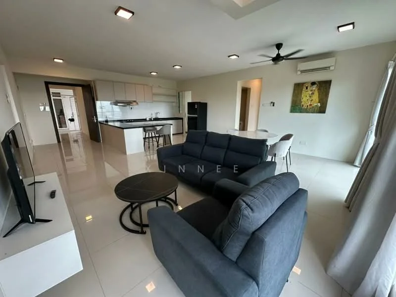 Living features: 3-seater fabric sofa in grey, 2-seater fabric sofa in grey, round coffee table, wall-mounted TV, TV console, recessed downlights, ceiling fan, sliding glass door, floor-to-ceiling windows, white painted walls, glossy tile flooring, decorative artwork on wall; style: modern. Kitchen features: kitchen island, white cabinetry, black countertop, stainless-steel fridge, built-in oven, freestanding range oven, ceramic tile flooring; style: modern.