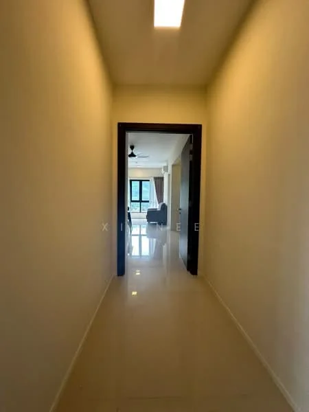 Hallway features: white painted walls, glossy tile flooring, recessed ceiling lights, doorway leading to living area, doorway leading to other rooms, ceiling fan, large windows at the end, neutral color scheme; style: modern.