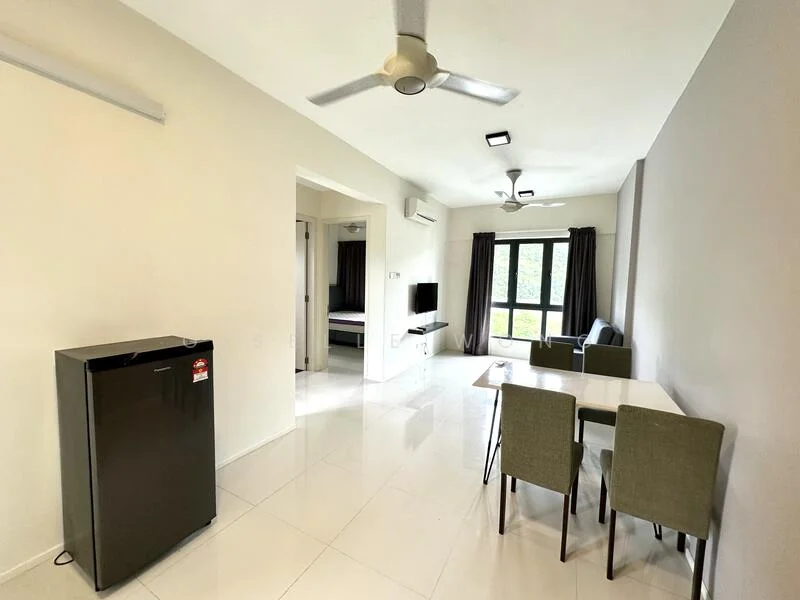 Living features: white painted walls, glossy tile flooring, 5-blade ceiling fan with light, recessed LED downlights, floor-to-ceiling windows, black fridge, grey fabric sofa, 4-seater dining table with marble top, upholstered dining chairs, TV console, wall-mounted TV; style: modern; view: garden.