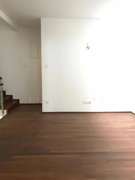 Room features: wooden flooring, white painted walls, staircase visible, natural light from windows, minimalist decor; style: minimalist.