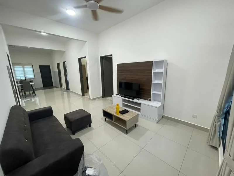 Living features: 3-seater fabric sofa in dark grey, ottoman in dark grey, wooden coffee table, TV console with white and wood finish, wall-mounted TV, recessed ceiling lights, ceiling fan, glossy tile flooring, white painted walls, large window with sheer curtains; style: modern. Room features: open layout, dining area visible, doorways leading to other rooms.