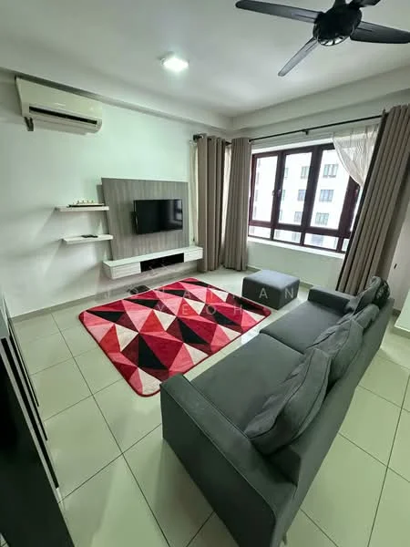 Living features: grey fabric sofa, area rug with geometric pattern in red and black, wall-mounted TV, floating TV console, white painted walls, ceiling fan, floor-to-ceiling windows, curtains, air conditioning unit; style: modern.