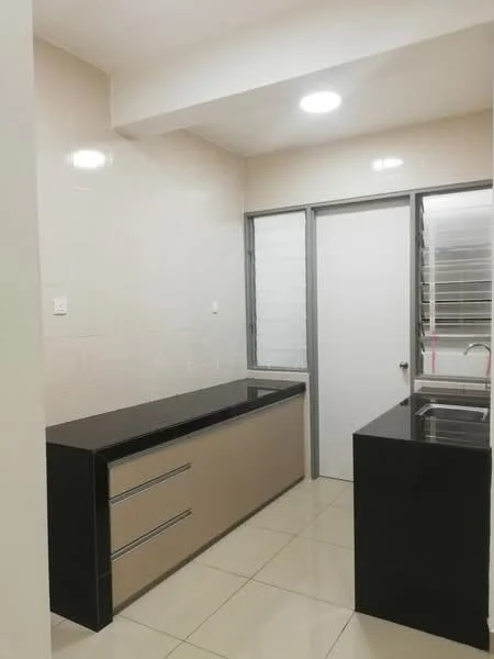 Kitchen features: black granite countertop, cream cabinetry with flat-panel design, stainless-steel sink, single-bowl sink, chrome faucet, wall-mounted cabinets, tile backsplash, ceramic tile flooring, recessed ceiling lights, window with metal grille, door to adjacent room; style: modern.