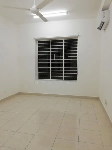 Room features: white painted walls, tile flooring, ceiling fan, wall-mounted split AC, window with security bars, neutral color scheme, no visible furniture, bright lighting; style: modern.