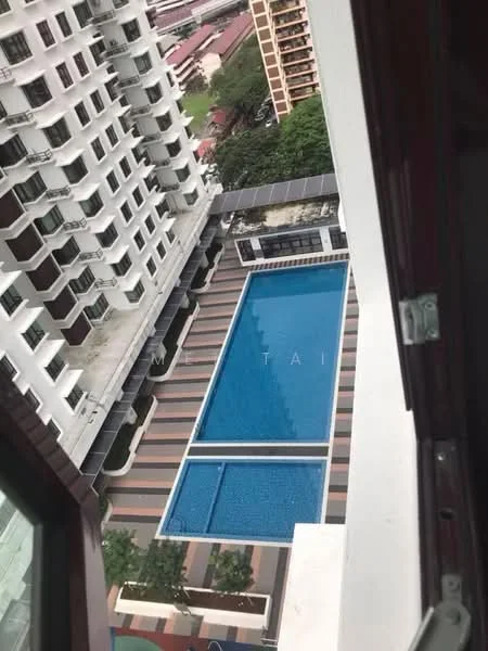 Exterior type: high-rise condominium; features: infinity pool, pool deck with loungers, landscaped garden area, surrounding greenery, multiple levels of the building, balconies visible on the building facade; style: modern.